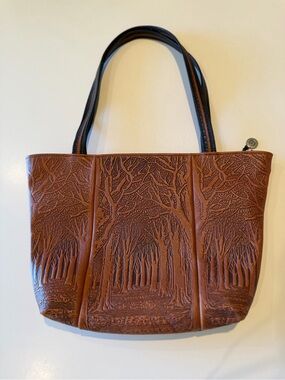 OBERON DESIGN EMBOSSED LEATHER TOTE “AVENUE OF TREES” MADE IN CALIFORNIA